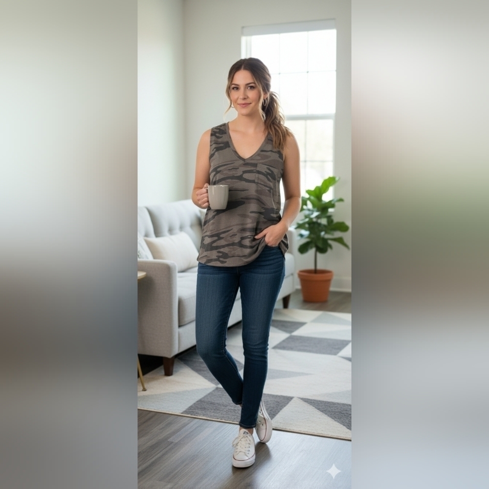 Natural Reflections Camo Green Sleeveless Top Size Large (EUC)